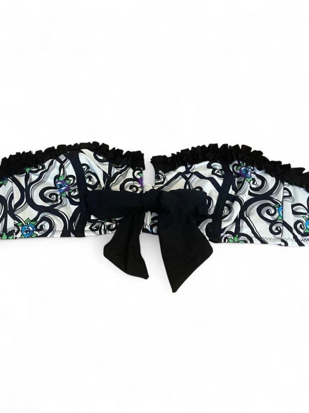 Betsey Johnson Primrose Bandeau Bikini Top M Black White Scroll Ruffle Bow VTG